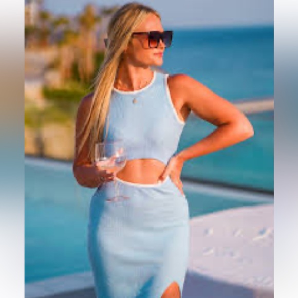 Dresses & Skirts - Santorini Blue Cutout Crew Neck Sleeveless Tank Slit Ribbed Bodycon Midi Dress